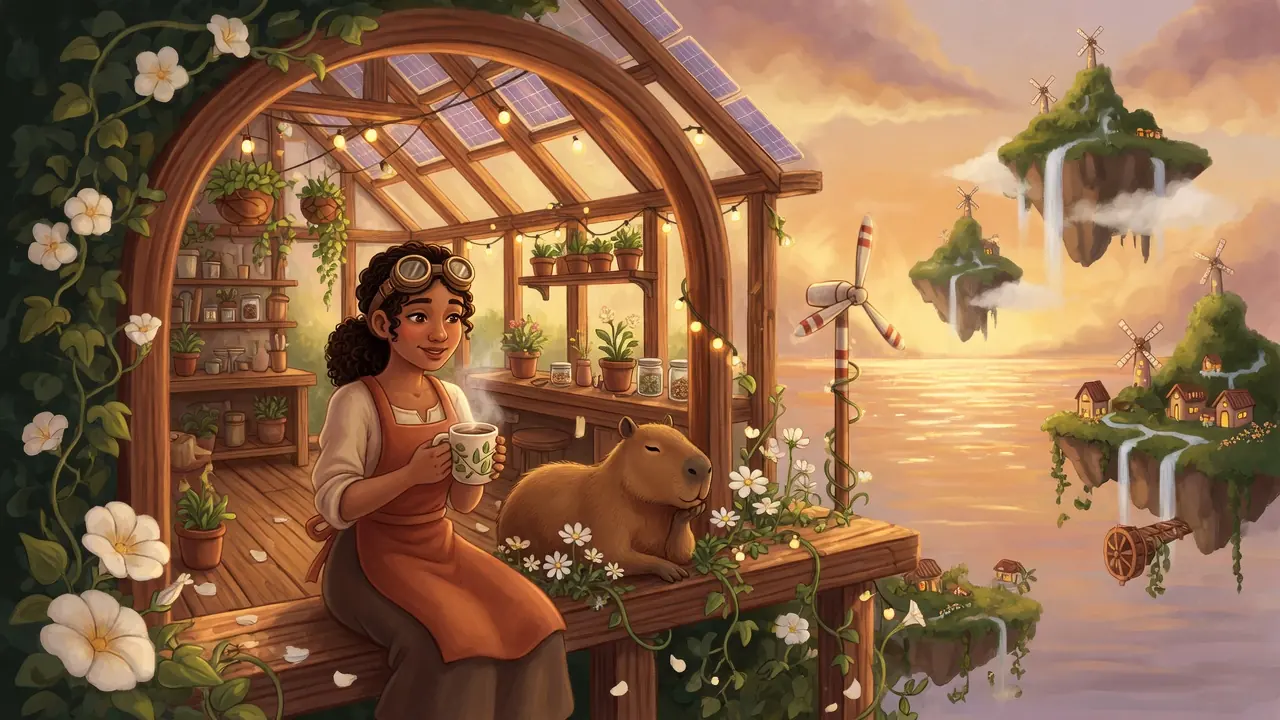 Golden-hour illustration of a solarpunk greenhouse workshop, a capybara, and floating islands